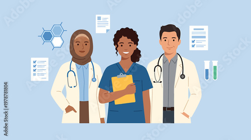 A diverse medical team portrait, showcasing healthcare professionals with stethoscopes and documents