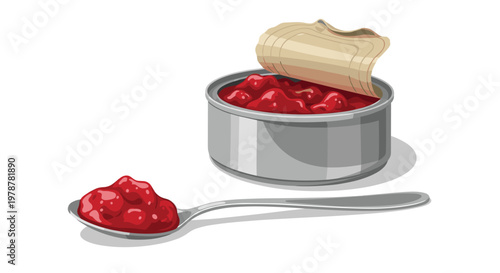 A low profile silver tin can with a peeled back lid reveals chunky red fruit preserves alongside a matching spoon filled with the sweet fruit spread.
