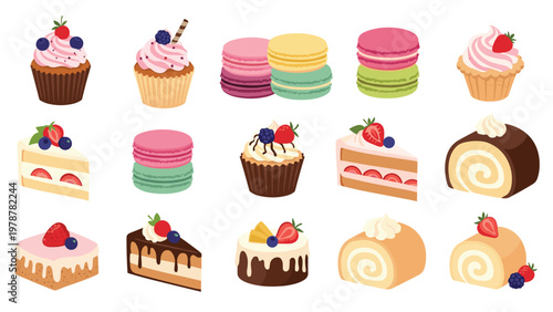 Colorful assortment of sweet desserts including frosted cupcakes macarons cake slices and cream filled pastry rolls.