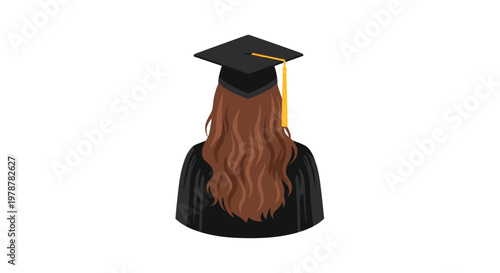 Elegant rear view of a female graduate with long flowing brown hair wearing a classic black academic cap and gown featuring a bright yellow tassel.