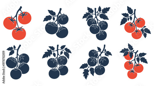 Group of cherry tomato illustrations on the vine shown in solid red colors and dark silhouettes for graphic design.
