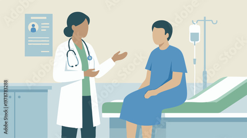 Doctor consulting with a male patient in a medical examination room