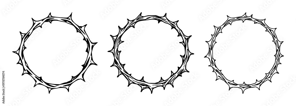 Fototapeta premium Moon set with hand-drawn line art of a crescent moon inside a crown of thorns featuring botanical detail, monochrome style, spiritual symbolism with religious iconography and silhouette