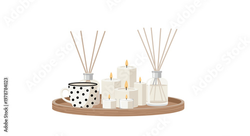 A rustic circular wooden tray features a stylish polka-dot mug accompanied by elegant white candles and two glass reed diffusers for a fragrant home.