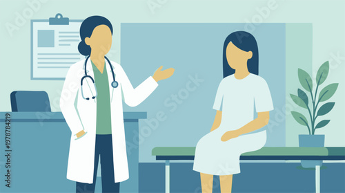 Doctor consulting with a female patient in a medical clinic illustration