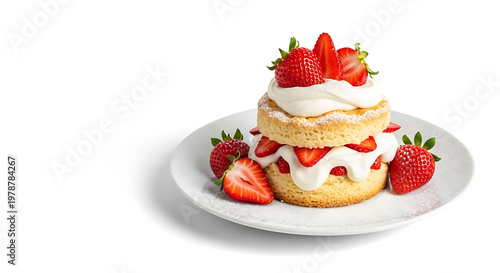 Strawberry shortcake on ceramic plate isolated on white background with soft shadow and copy space, whipped cream layers