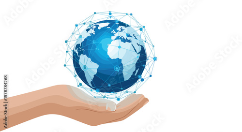 A stylized hand cradles a luminous blue translucent globe featuring a sophisticated geometric mesh network of glowing lines and bright interconnected data points.