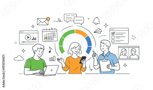 A modern digital lifestyle scenario where users handle various apps and responsibilities at once across devices and platforms, depicted through a simple scene with