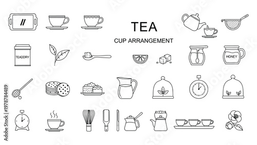 Tea cup arrangement vector featuring teapot honey biscuits and herbal leaves for cafe menu and breakfast design