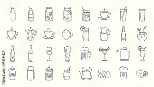 Beverage and drinks icons vector featuring coffee tea juice beer and soda for cafe bar and restaurant menu