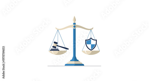 A classic scale of justice meticulously balances a dark wooden gavel on the left tray against a blue checkered security shield on the right side.