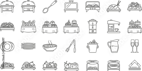 Catering service icons vector set with buffet food and restaurant equipment for event menu design