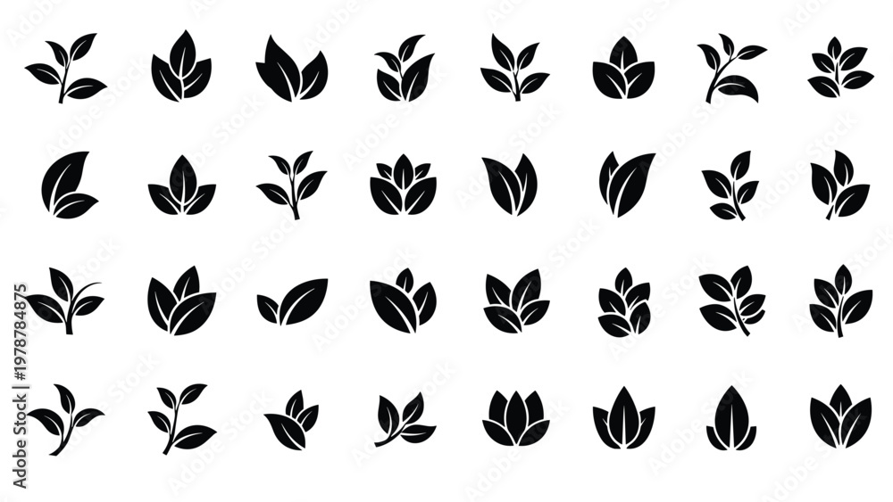 Fototapeta premium Large set of various leaf silhouettes in black representing different plant species and arrangements.