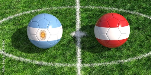 Argentina and Austria national flags on soccer balls at center of a football field