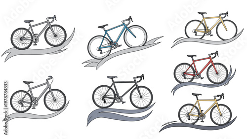 Set of road bicycle icons shown cycling over stylized road ribbons in various colors like blue, red, and gold.