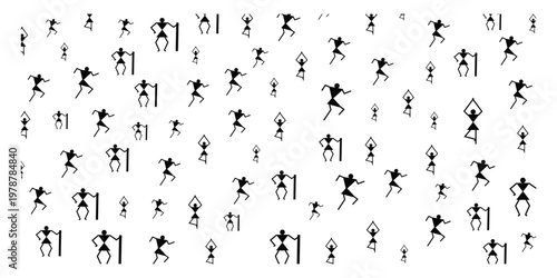 Warli tribal seamless pattern with dancing human figures on white background, ethnic folk art repeating texture design, traditional geometric people illustration