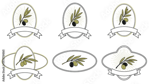 Elegant olive oil product labels and badges featuring olive branches, sunbursts, and blank ribbons.