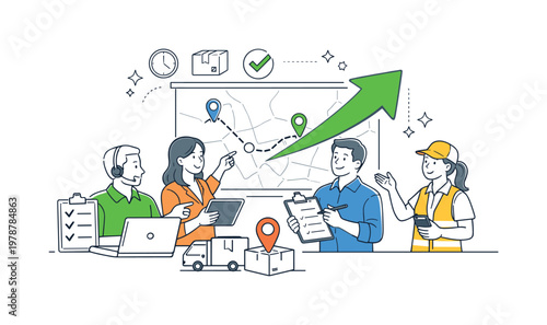 Route planning logistics concept featuring professionals coordinating delivery or transport routes in a business context, using a route map and a single directional arrow