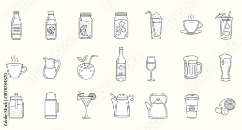 Drink icons set for cups jars bottles glass mug tea beer wine soda vector ui