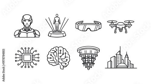 Future technology concept: humanoid robot, hologram display, augmented reality glasses, flying drone, smart chip, digital brain, quantum computer, futuristic city skyline