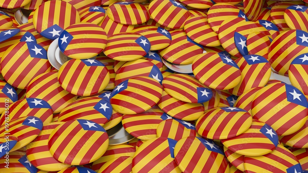 Fototapeta premium Pile of round glossy buttons featuring the Estelada Blava flag of Catalonia