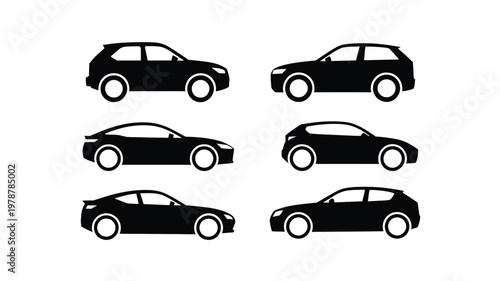 Black cars silhouettes driving on white background for transportation concepts