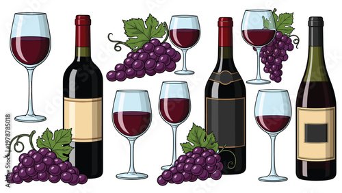 Large set of wine bottles with blank labels, wine glasses filled with red wine, and purple grape bunches.