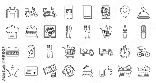 Food delivery icons vector set for app UI courier service and menu graphics