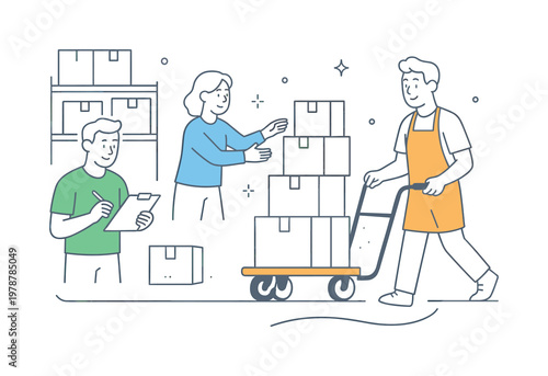 Small business owners organizing inventory and preparing shipments for customers in a retail or storage setting, represented through a metaphor of a hand truck with