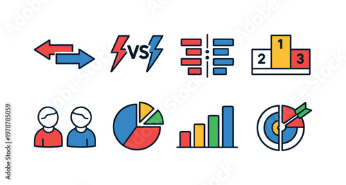 Competitive landscape: two opposing arrows, versus symbol, comparison chart, ranking podium, rival user avatars, market share pie, performance bars, target split.