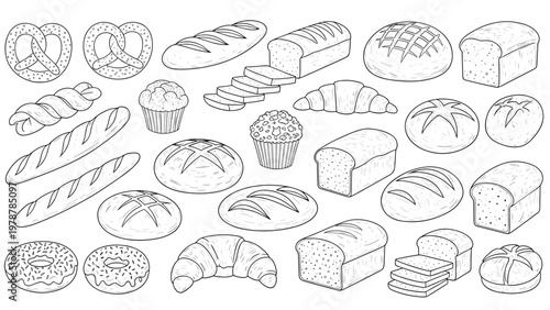 Comprehensive set of hand drawn bread and pastry sketches including loaves, rolls, croissants, muffins, donuts, and pretzels in line art.