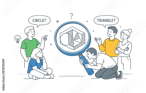 A problem-solving and analytical thinking concept where individuals explore different viewpoints to understand complex ideas, depicted through a simple scene with a