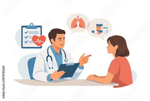 A doctor consulting with a patient to explain symptoms and treatment options in a structured setting, illustrating communication, expertise, and informed healthcare