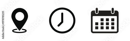 Set of business vector design. black location, clock and calendar icon set. ui and website. vector illustration