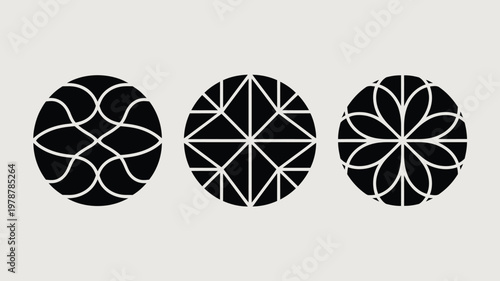Minimalist Geometric Design Featuring Three Black And White Circular Patterns On Light Background For Abstract Concepts