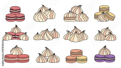 Various compositions of macarons and meringue cookies in soft pastel colors arranged in stacks and groups for a sweet confectionery theme.