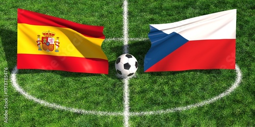 Spain vs Czech Republic soccer match national flags and football on grass field
