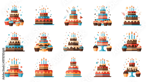 Colorful flat icons of multi tiered cakes and cupcakes decorated with candles and festive confetti for holiday events.