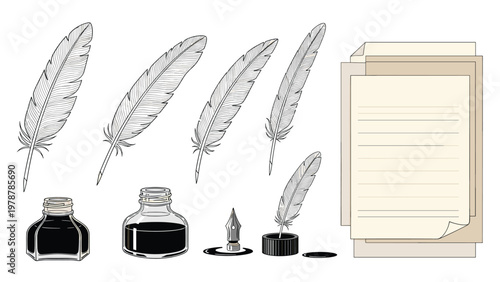 Classic engraving style set featuring quills inkwells and parchment paper for historical and literary themed projects.