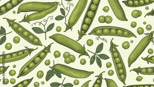 Charming seamless pattern of hand drawn green pea pods and individual peas for food packaging and kitchen textiles.