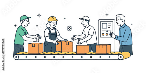 An efficient manufacturing environment where workers coordinate smoothly to produce goods in a continuous workflow, illustrated through a clean scene featuring a conveyor