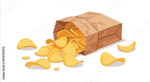 Numerous crispy golden-yellow potato chips spill out from a fallen brown paper bag onto a clean white surface in a dynamic and appetizing arrangement.