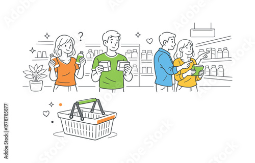 Retail browsing shopping scene showing customers exploring products and comparing options in a modern store environment, with display shelves and a single shopping basket