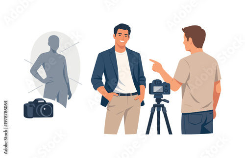 A professional photo posing session where an individual stands confidently in front of a camera, guided by a photographer to achieve natural and expressive posture,