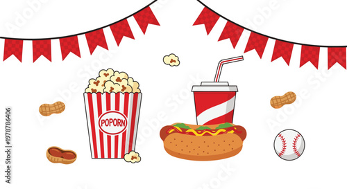 A festive and vibrant arrangement of classic baseball stadium snacks includes a striped popcorn bucket and a delicious hot dog under red pennant bunting.