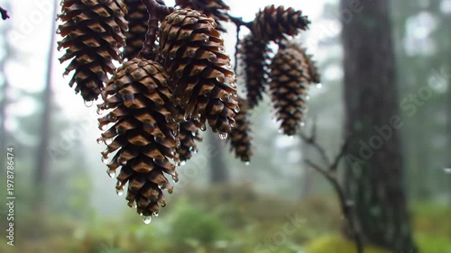 Close-up of pine cones with water droplets in a misty forest, nature scene.