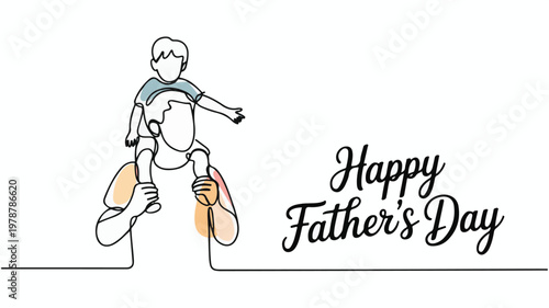 Father carrying son on shoulders continuous line drawing with Happy Fathers Day text isolated on white