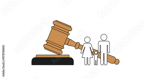 A heavy wooden judge gavel rests on a dark base beside minimalist white line icons of a mother father and child on a clean white background setting.