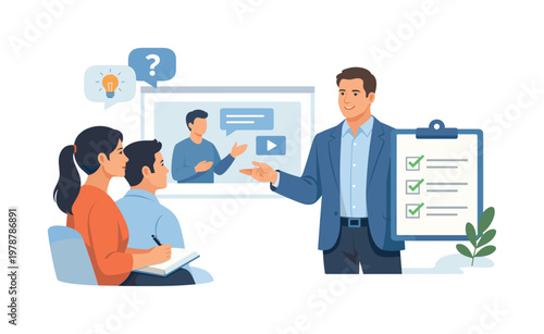 Corporate education and onboarding concept illustrating employees gaining knowledge and adapting to new roles through guided instruction and mentorship, visualized with a