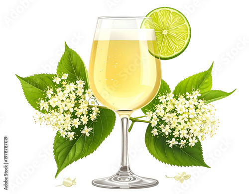 Refreshing elderflower drink with lime and blossoms